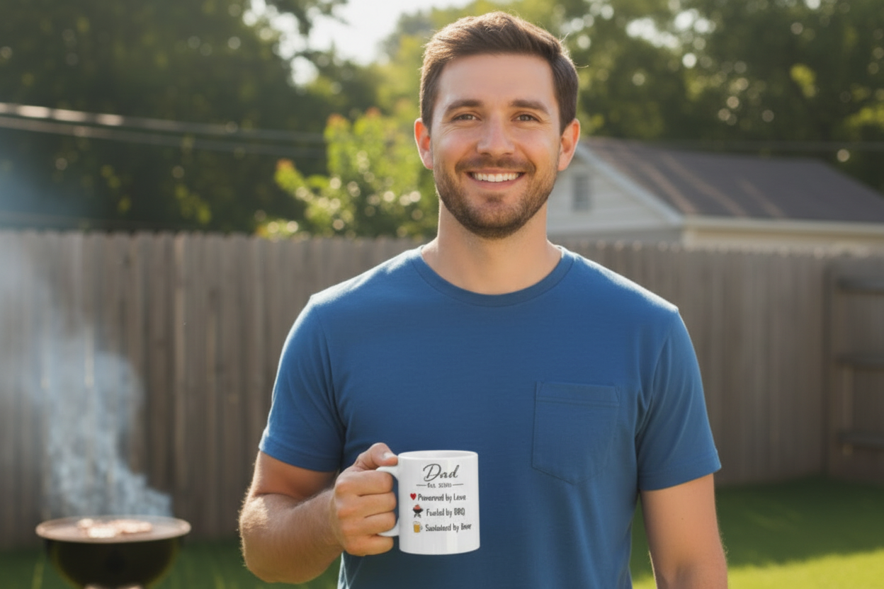 White mug with text and graphics on a white background, reading:

Dad
Est. 2026

Powered by Love
Fueled by BBQ
Sustained by Beer